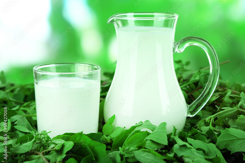 Pitcher and glass of milk on grass on nature background Pitcher and glass of milk on grass on nature background