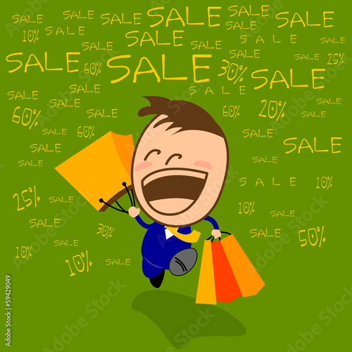 Cute character businessman is happy to shopping