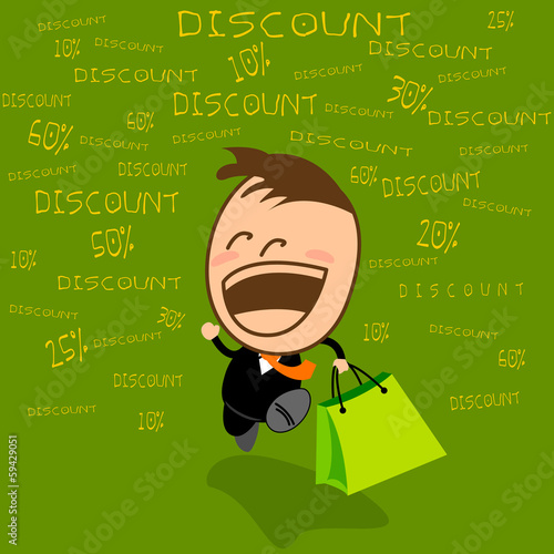 Cute Character businessman is happy discount to shopping