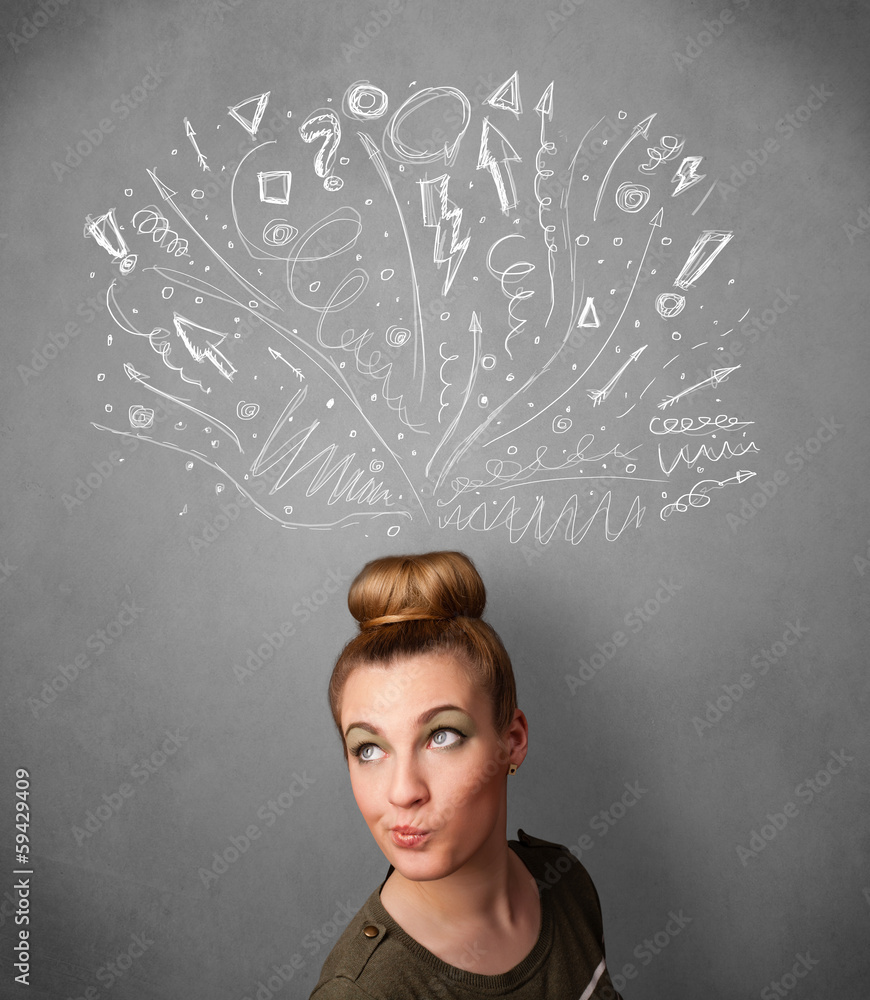 Young woman thinking with sketched arrows above her head Young woman thinking with sketched arrows above her head