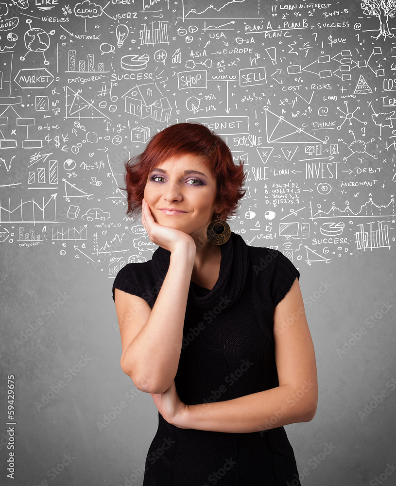 Young pretty lady with hand drawn calculations and icons Young pretty lady with hand drawn calculations and icons