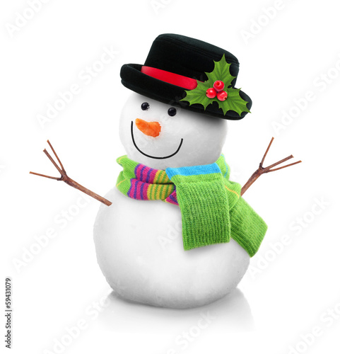 Snowman in black hat isolated on white background.