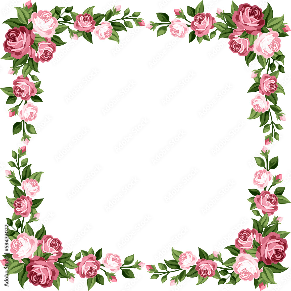 Vintage frame with pink roses. Vector illustration.