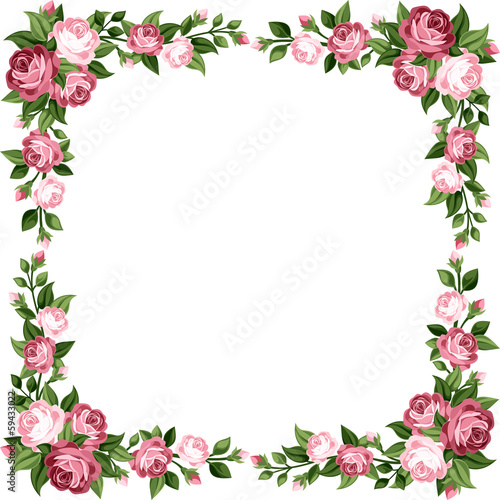 Vintage frame with pink roses. Vector illustration.