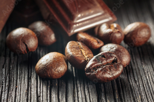 close up of chocolate and coffee beans, shallow dof