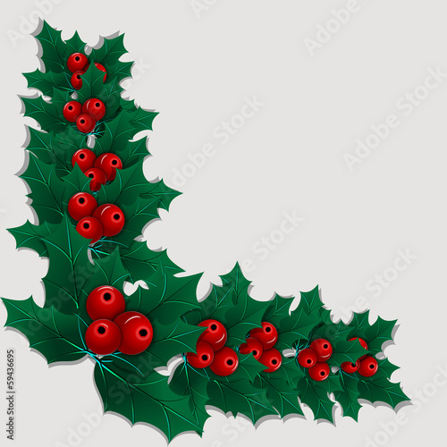 Christmas corner element with holly leaves and berries