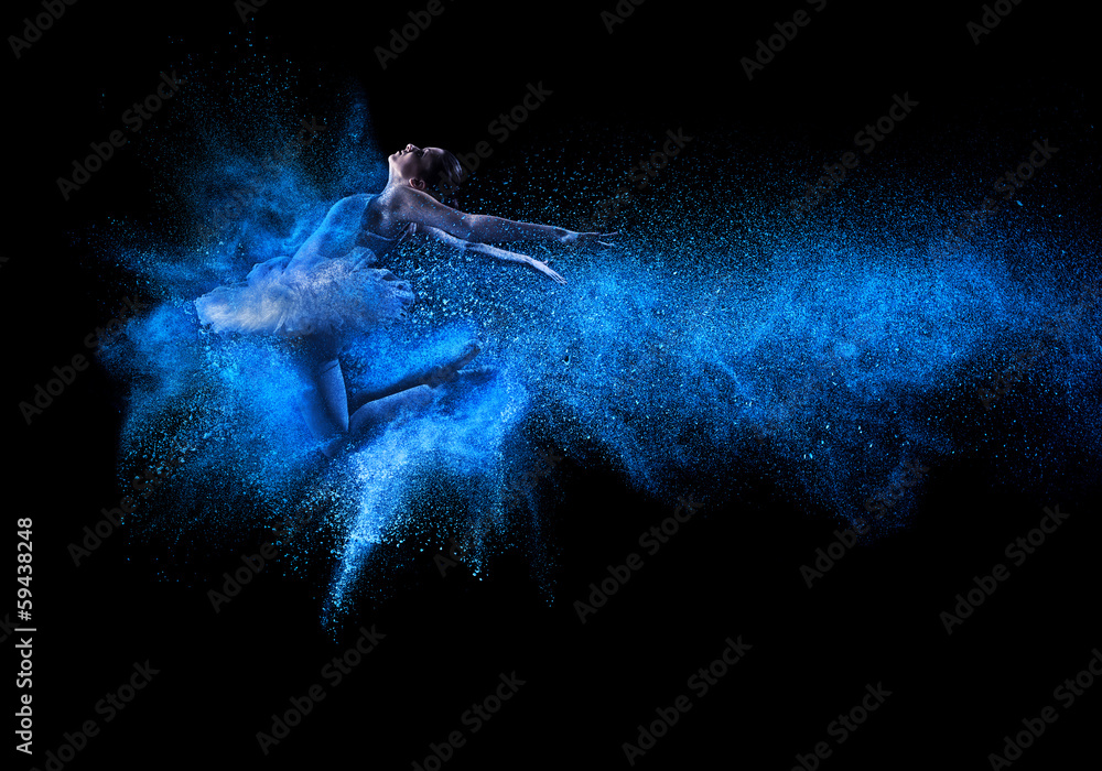 Young beautiful dancer jumping into blue powder cloud - obrazy, fototapety, plakaty 