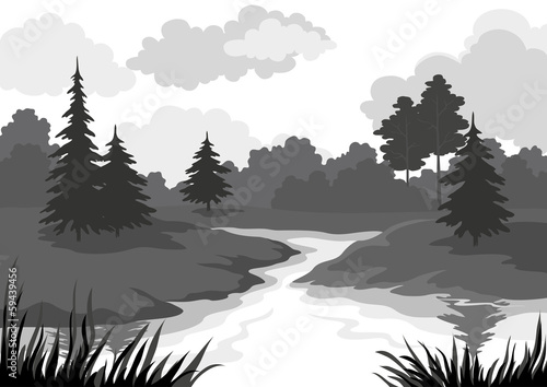 Landscape, trees and river silhouette