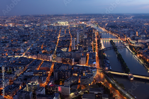 Famous Night view of Paris with the Seine river from the Eiffel