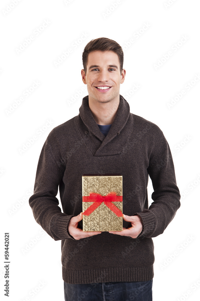 Happy young man carries presents, isolated on white Happy young man carries presents, isolated on white