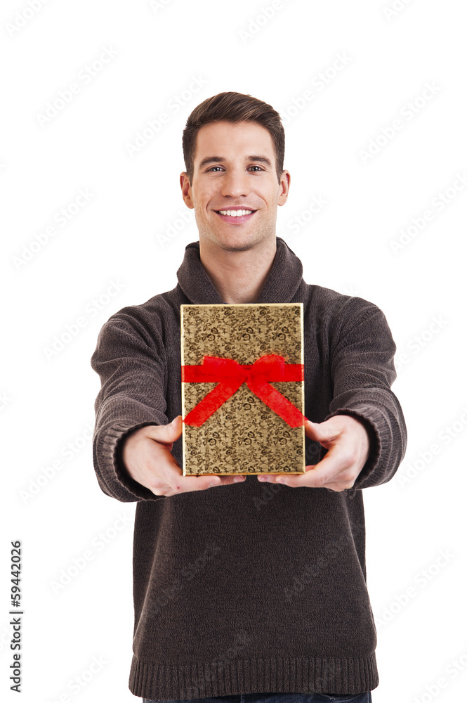 Happy young man carries presents, isolated on white Happy young man carries presents, isolated on white