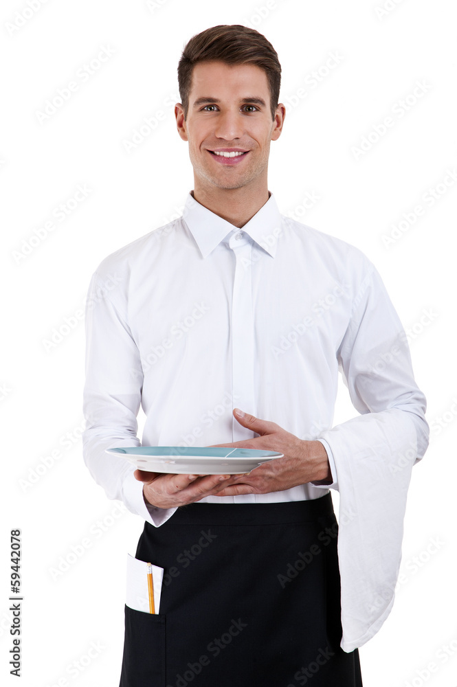 Professional waiter holding an empty dish. Isolated on white Professional waiter holding an empty dish. Isolated on white