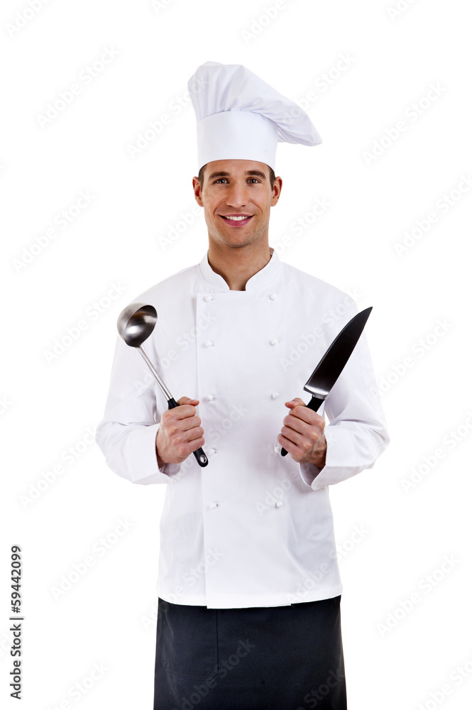 Chef. Isolated over white background. Holding knife and spoon Chef. Isolated over white background. Holding knife and spoon