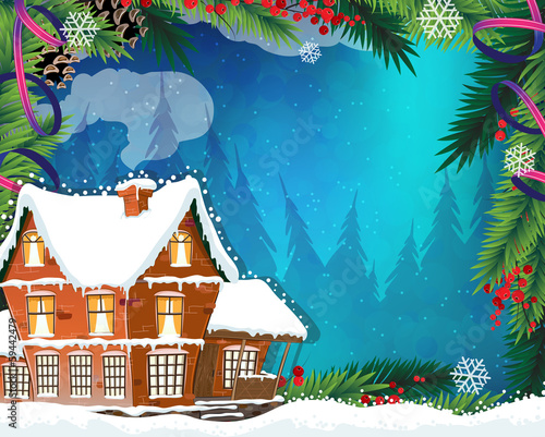Christmas House in winter forest