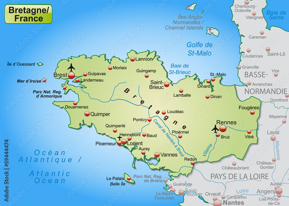Bretagne als Übersichtskarte in Pastelgrün
