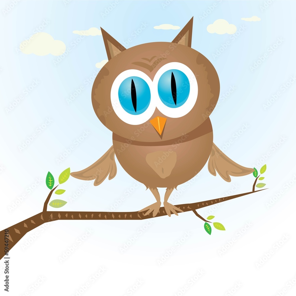Obraz premium vector cartoon cute little owl bird on tree branch
