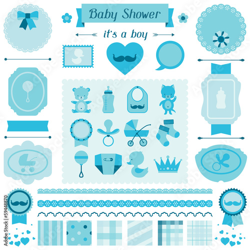 Boy baby shower set of elements for design.