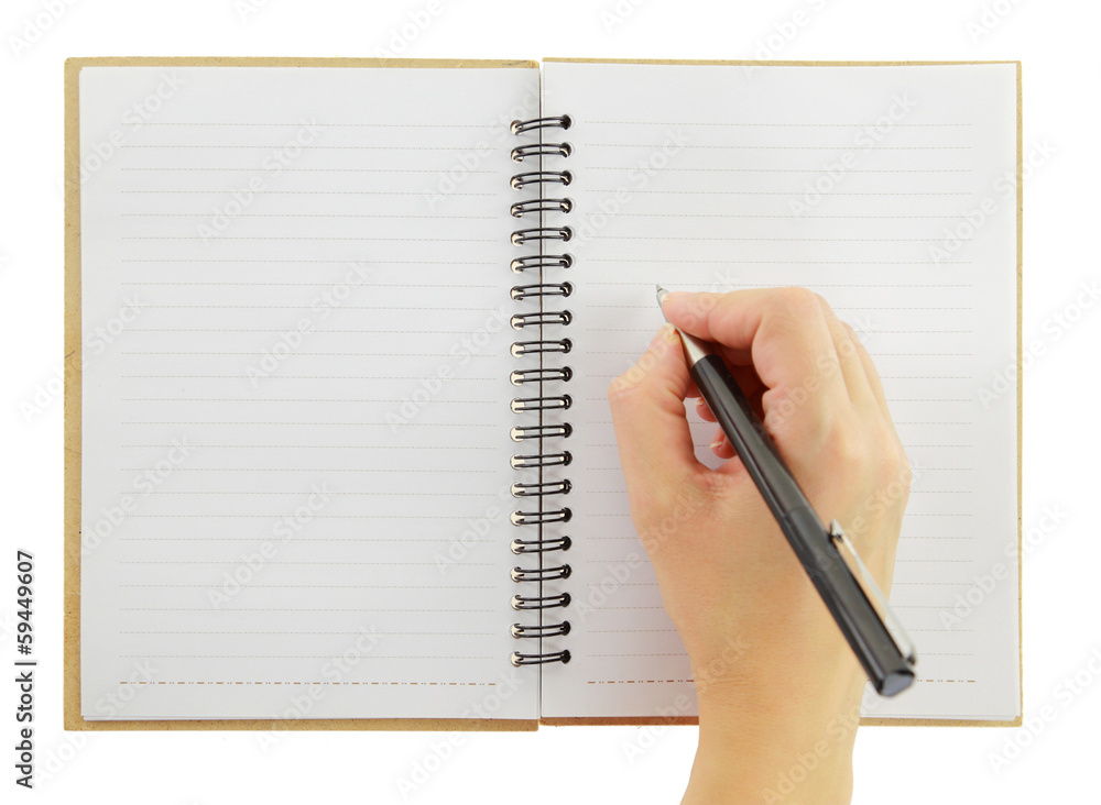 Hand writing gesture with pen and notebook isolated Hand writing gesture with pen and notebook isolated