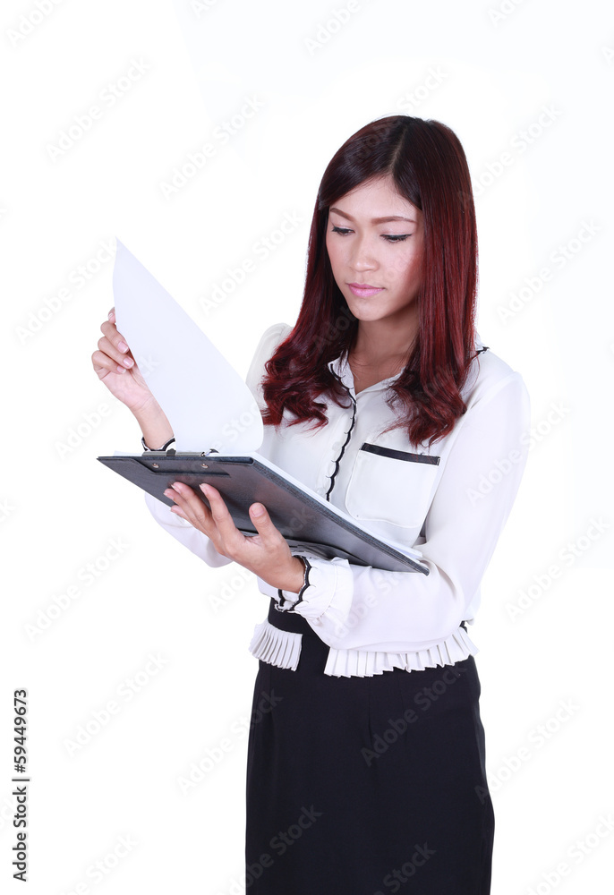 business woman reading document file isolated on white