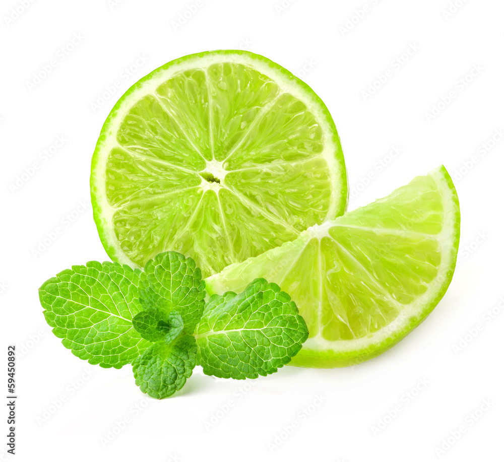 Obraz Fresh lime and mint, Isolated on white background