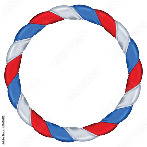 Satin bands of white, red and blue color braided as wreath