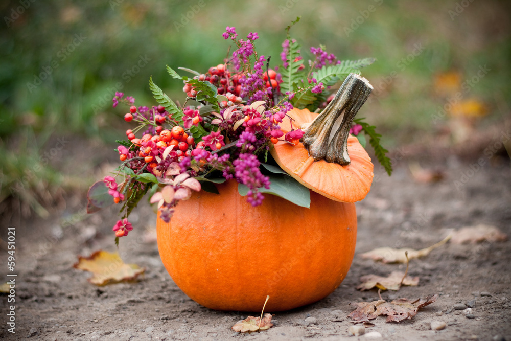 fall decoration with pumpkin - obrazy, fototapety, plakaty 
