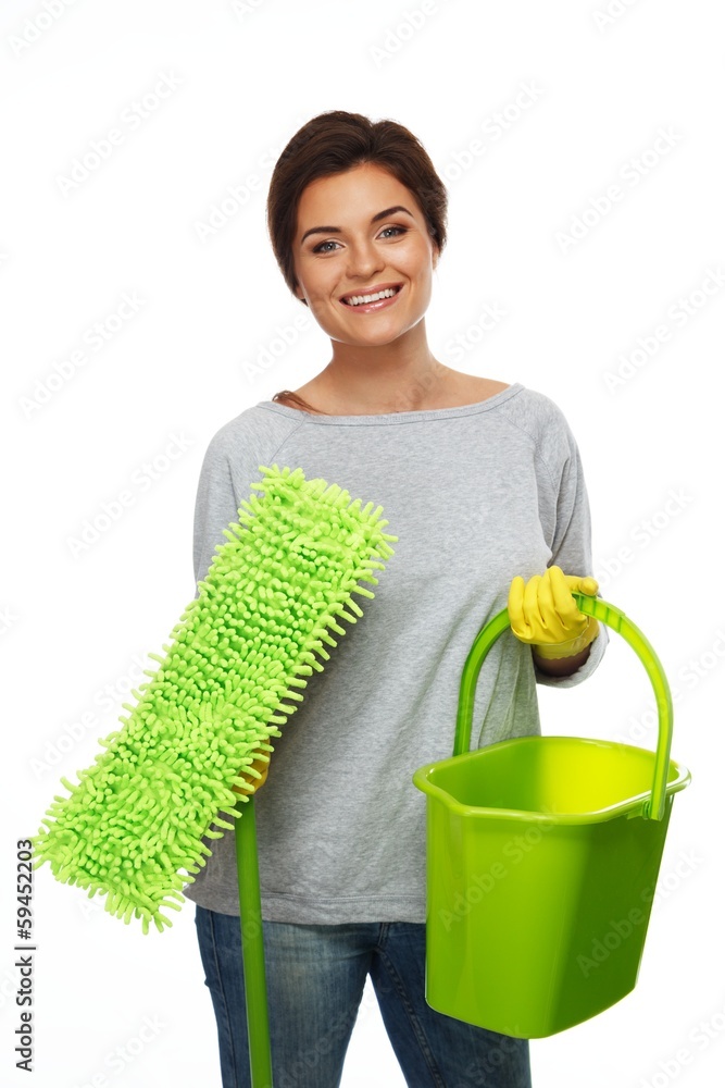 Beautiful cheerful brunette woman in gloves with mop and bucket Beautiful cheerful brunette woman in gloves with mop and bucket