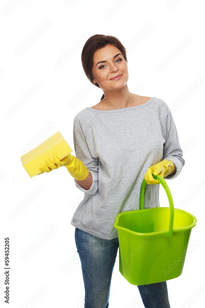Beautiful woman in gloves with sponge and bucket Beautiful woman in gloves with sponge and bucket