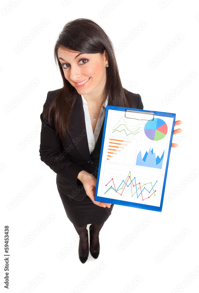 Businesswoman showing business graphs Businesswoman showing business graphs