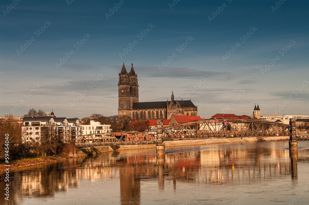 Magdeburg's Cathedral at sunrise in Winter time, Germany