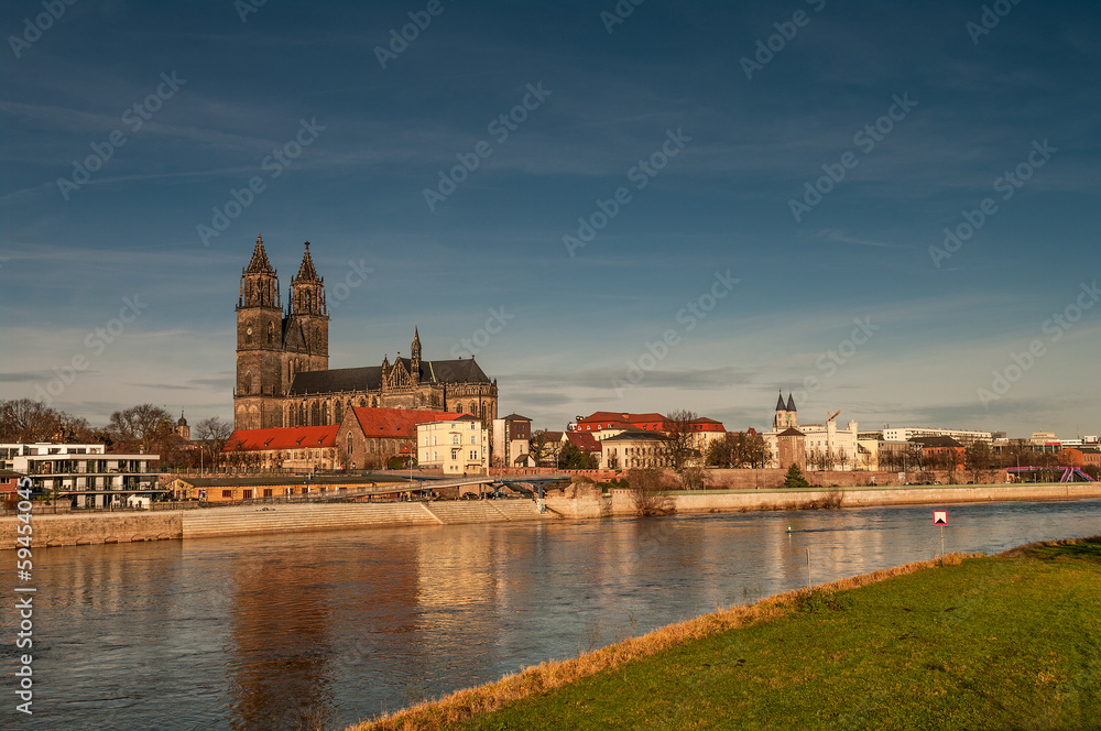 Magdeburg's Cathedral at sunrise in Winter time, Germany