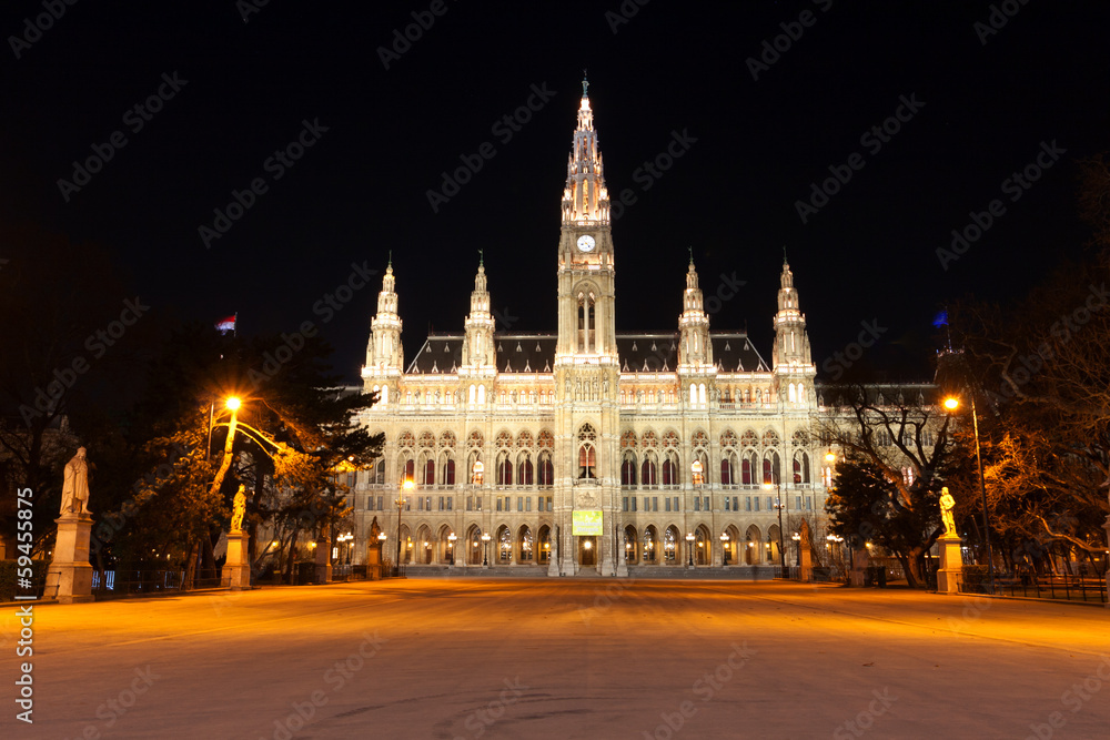 Night scene with town hall in Vienna