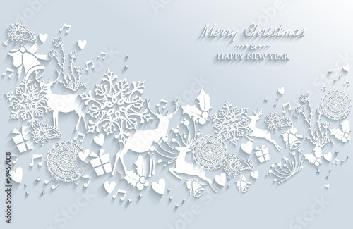 White Merry Christmas and Happy New Year vintage greeting card