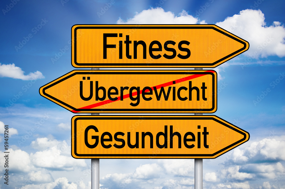 Fototapeta premium Wegweiser mit Übergewicht, Fitness und Gesundheit