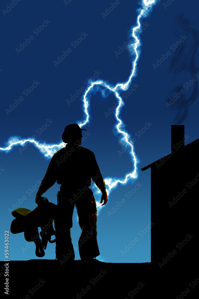 Silhouette man holding a saddle by side lightning cabin
