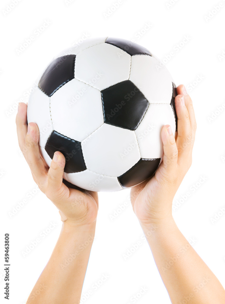 Hands holding soccer ball up isolated on white Hands holding soccer ball up isolated on white