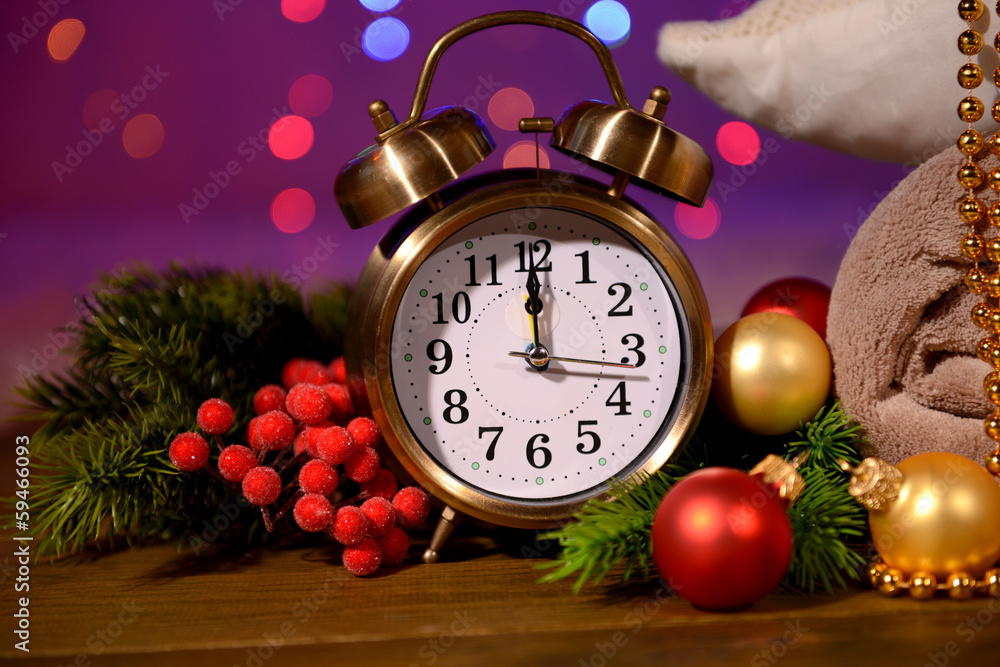 Wine glasses, retro alarm clock and Christmas decoration