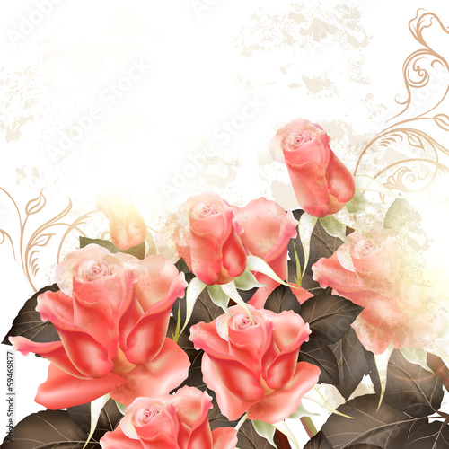Grunge vector background with pink roses for design