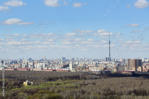 Losinoostrovsky forest park and Ostankino TV Tower at day