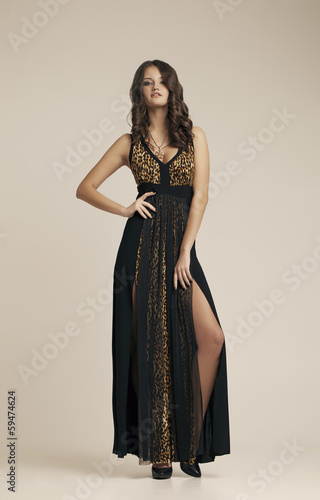 Beautiful girl in a fashionable dress.  Brunette, long hair.