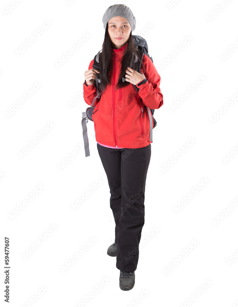 Asian Malay female with hiking attire and backpack. Asian Malay female with hiking attire and backpack.