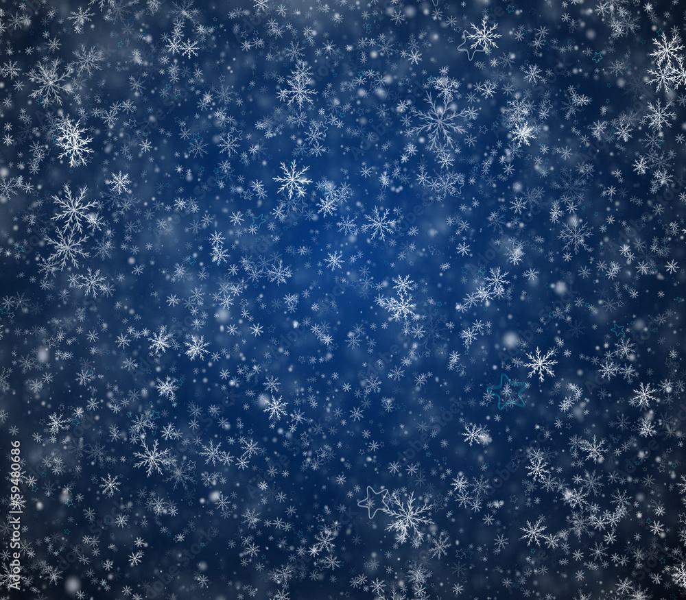 Fototapeta premium Winter Christmas background, falling snowflakes and stars