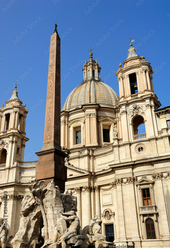 Fountain, Egyptian obelisk and church, Piazza Navona, Rome, Ital