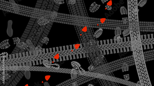 Horizontal illustration of shoe and tire prints.