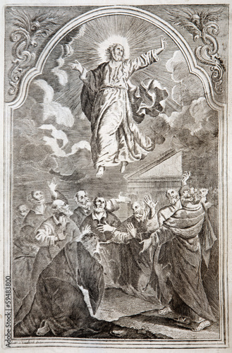 Jesus ascension. Lithography print in Missale romanum from 1727