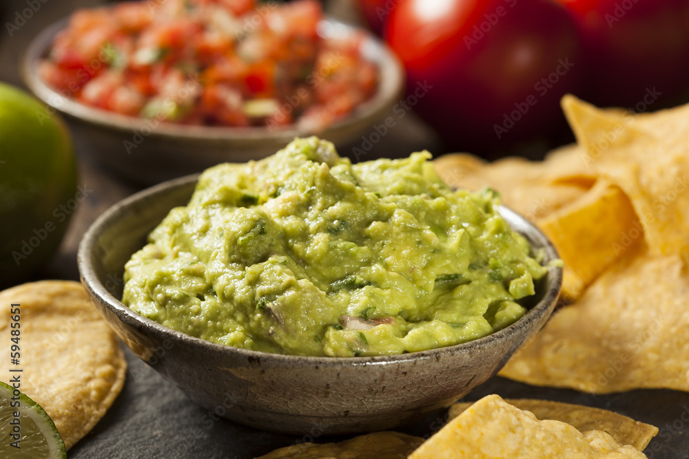 Green Homemade Guacamole with Tortilla Chips Green Homemade Guacamole with Tortilla Chips