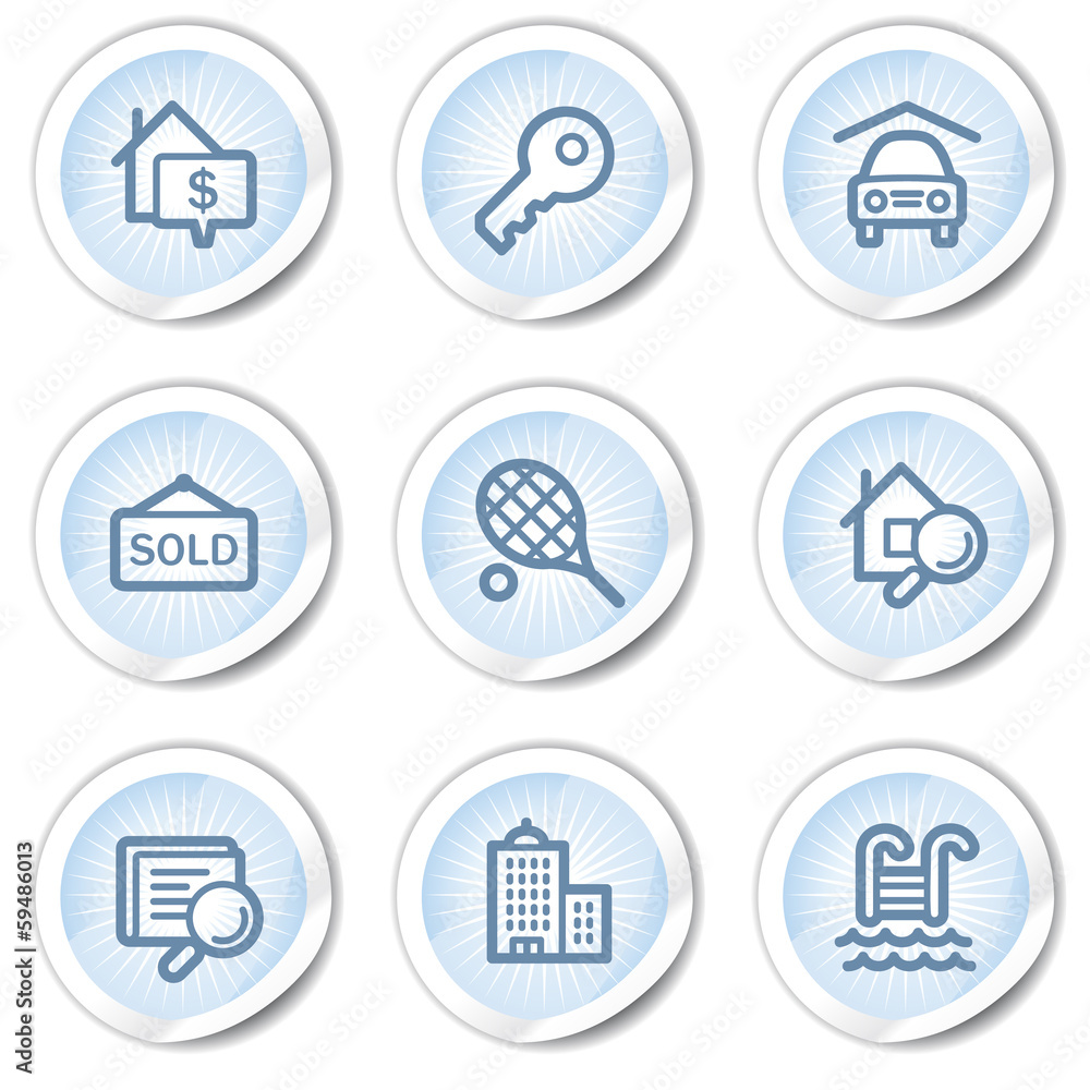 Real estate web icons, light blue stickers Real estate web icons, light blue stickers