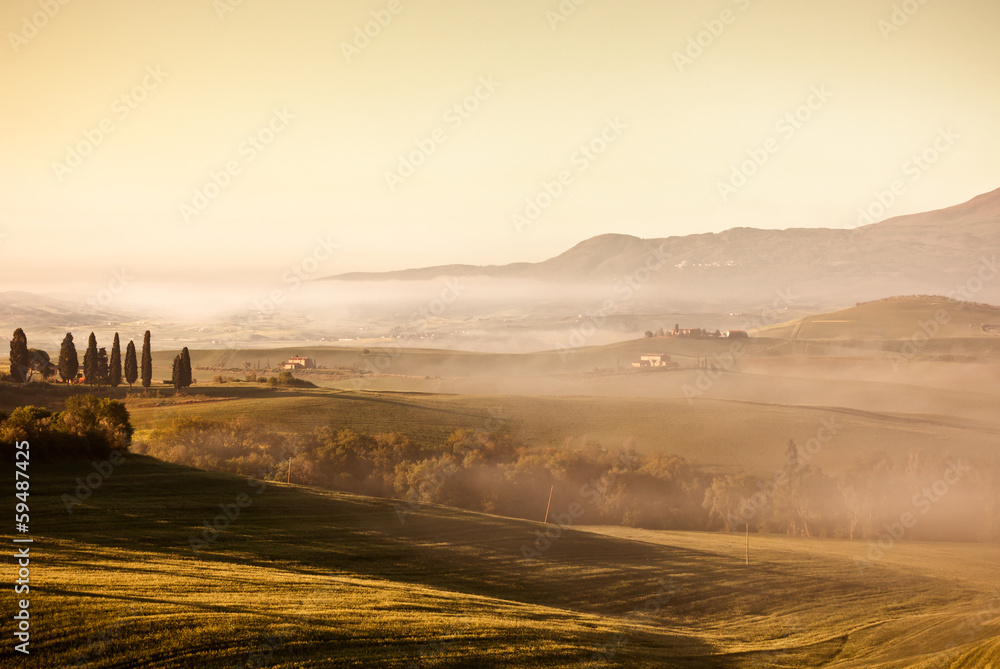 Morning fog view in Tuscany