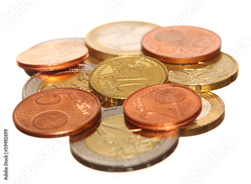 european currency euro coins money on white