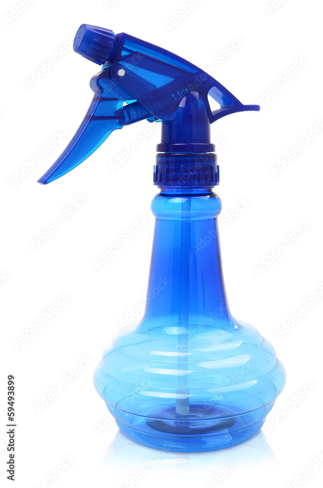 a blue plastic spray bottle, isolated on white